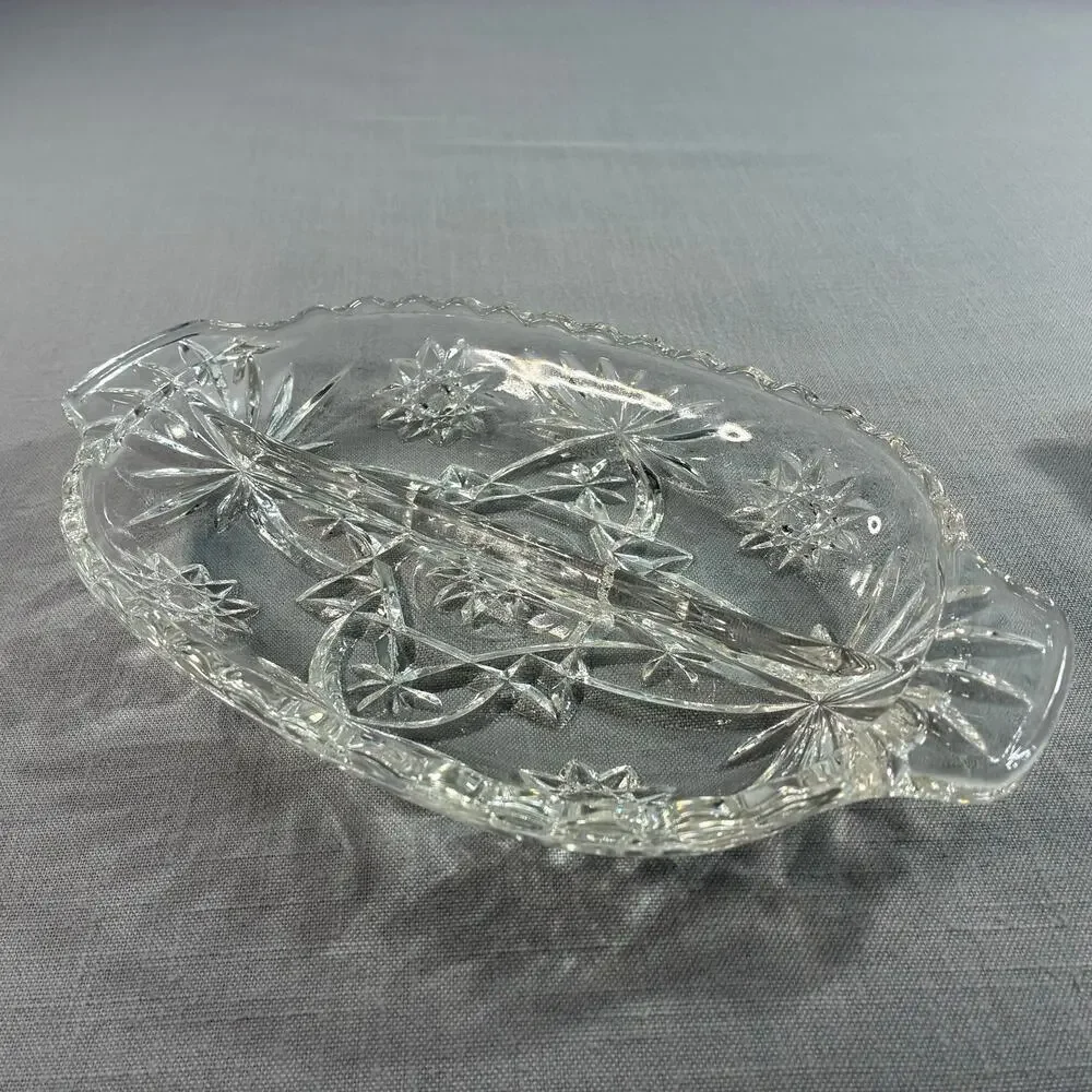 Vintage Clear Cut Glass Relish Tray Oval Handled Serving Dish Candy Nut Bowl